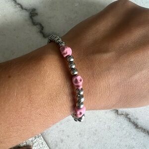 Pink Skull Silver Beaded Bracelet